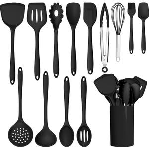 HaWare Kitchen Utensils, 14 PCS Silicone Cooking Utensils Set, Heat Resistant Kitchen Utensils for Non-stick Cookware, Kitchen Gadgets Tools with Spoons, Spatulas, Whisk, Dishwasher Safe (Black)