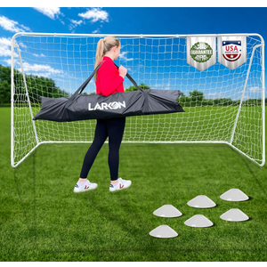 Soccer Goal 12×6 – Larkon – Backyard, Training and Tournament Size – Durable Rust-Free Steel Frame for Kids and Adults – with Net, Cones, Storage Bag, Stakes and Easy Assembly