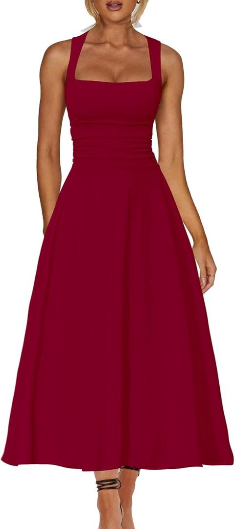 Kaximil Women's Square Neck Corset A Line Maxi Dress Ruffle Ruched Waist Flowy Long Dresses (Red)