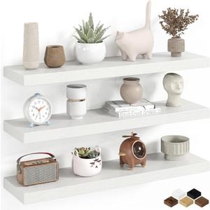 Fun Memories 32Inch Long Floating Shelves for Wall, 8 Inch Deep Wood Shelves for Kitchen, Bathroom, Bedroom Wall Floating Shelf with Invisible Brackets for Books, Storage, Decor, White - Set of 3