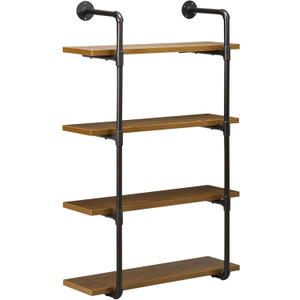 HOMCOM 4-Tier Industrial Pipe Shelves Floating Wall Mounted Bookshelf, Metal Frame Display Rack, 1" Thickness Shelving Unit for Farmhouse, Kitchen, Bar, Rustic Brown
