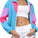 UOUA 80s Windbreaker Jacket for Women Retro Color Block Wind Breaker Long Sleeve Reversible Casual Coat (Small, Blue)