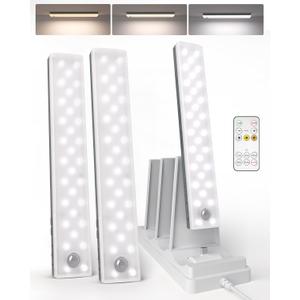 EZVALO 62 LED Under Cabinet Lighting with Charging Station, Rechargeable Motion Sensor Lights, 3 Color Temps, Dimmable Wireless Closet Lights w/Remote for Kitchen, Wardrobe, Pantry- 3 Pack