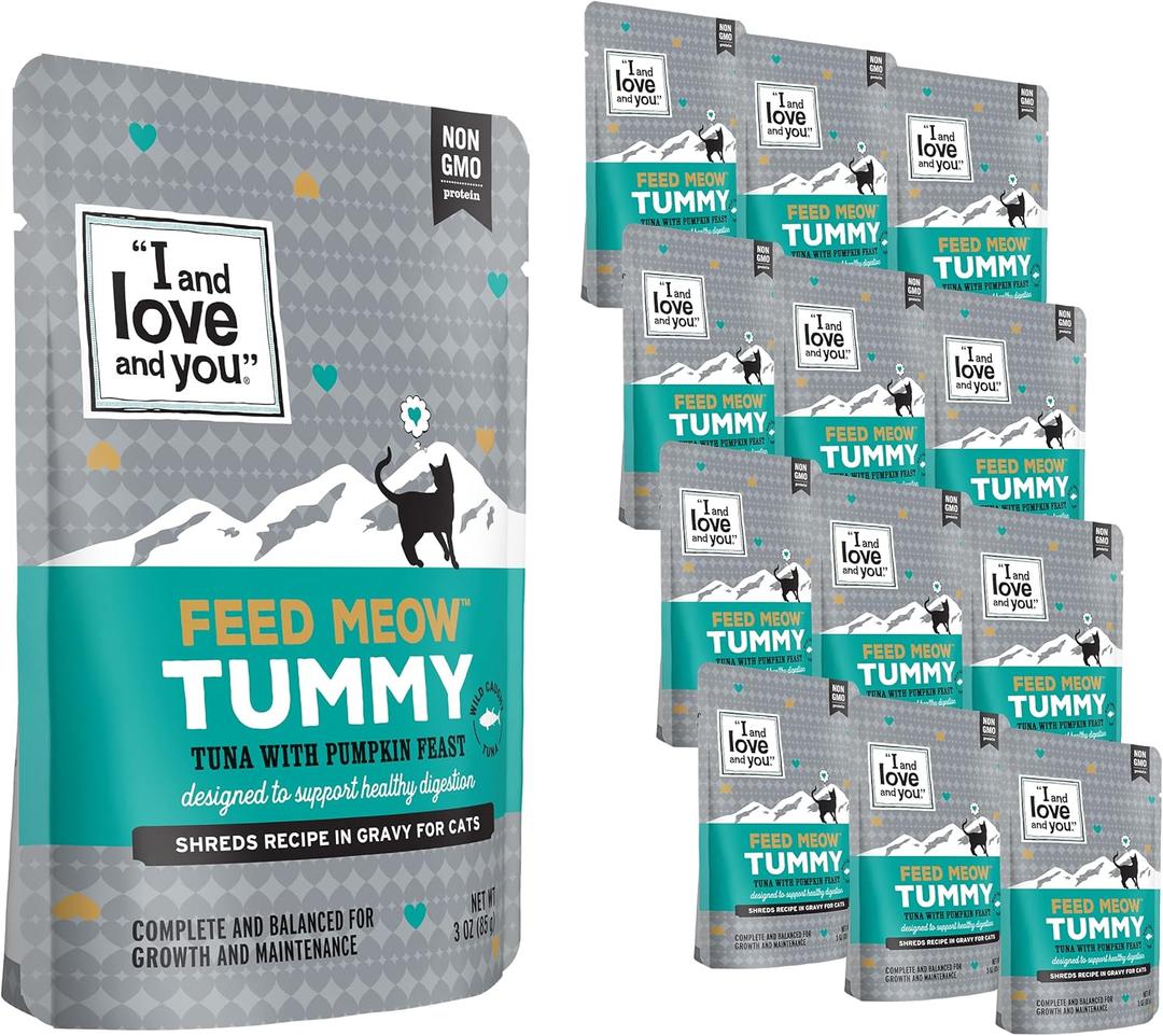 I and love and you Feed Meow Tummy Wet Cat Food - Tuna + Pumpkin - Digestion Support, Grain Free, Shredded, 3oz Pack of 12