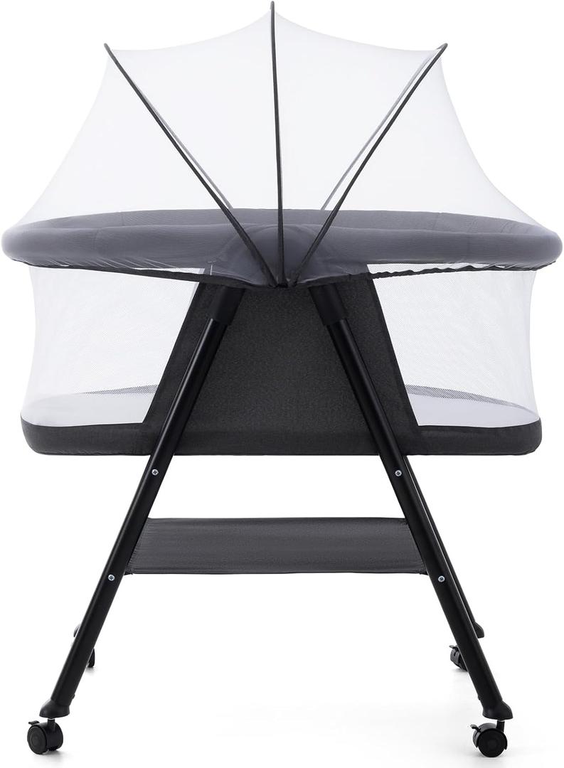 Jaoul Baby Bassinet, Portable Baby Travel Crib for Baby Bed with Wheels Comfy Mattress Mosquito Net Storage for Infant Newborn Lightweight and Breathable Mesh Design Dark Grey