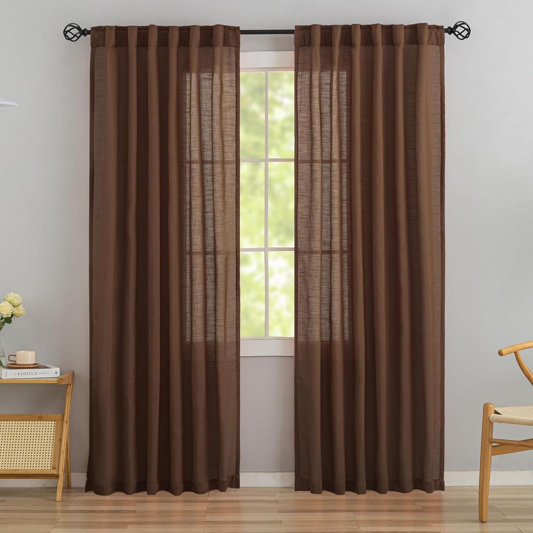 Coffee Brown Linen Back Tab Curtains 84 Inches Long 2 Panels Set for Bedroom - Modern Farmhouse Hooks Belt Pleated Semi Privacy Drapes Shabby Chic Pocket Light Filtering Window Curtains Cappuccino
