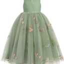 IBTOM CASTLE Kids Flower Girl Dress Embroidery Sleeveless Birthday Dress Lace Tulle Party Dress Bridesmaid Wedding (5-6 Years, Green)