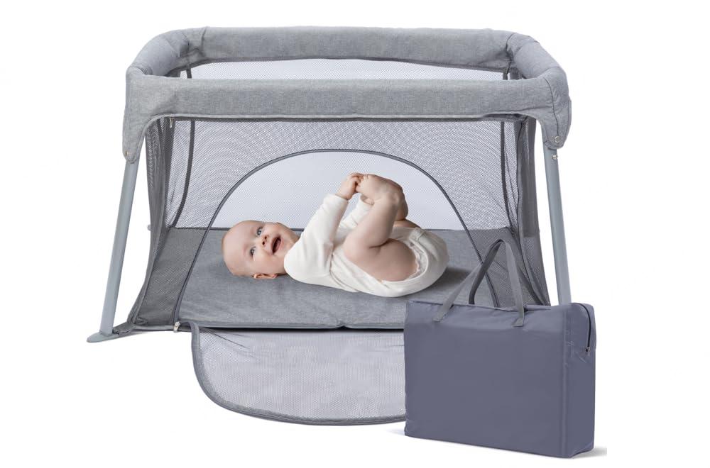 Lightweight Travel Crib - Portable Baby PlayardFoldable Play Yard with Zipper Door, No Tools Setup, Compact for On-The-Go