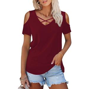 Amoretu Womens Summer Shirts V Neck Criss Cross Cold Shoulder Tops Blouse, Large