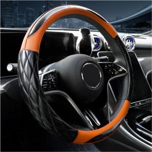 Couslcd 14.5-15 Inch Leather Steering Wheel Cover with Soft Padded Lining, Anti-Slip Comfort Grip, Universal Steering Wheel Protector for Most Cars, SUVs, Trucks (Orange)