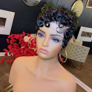 Pixie Cut Lace Front Human Hair Wigs 13X4X1 Lace Frontal Wigs Short Layered Pixie Cut Curly Wigs With Bangs Brazilian Virgin Curly Human Hair Natural Black Color (Black)