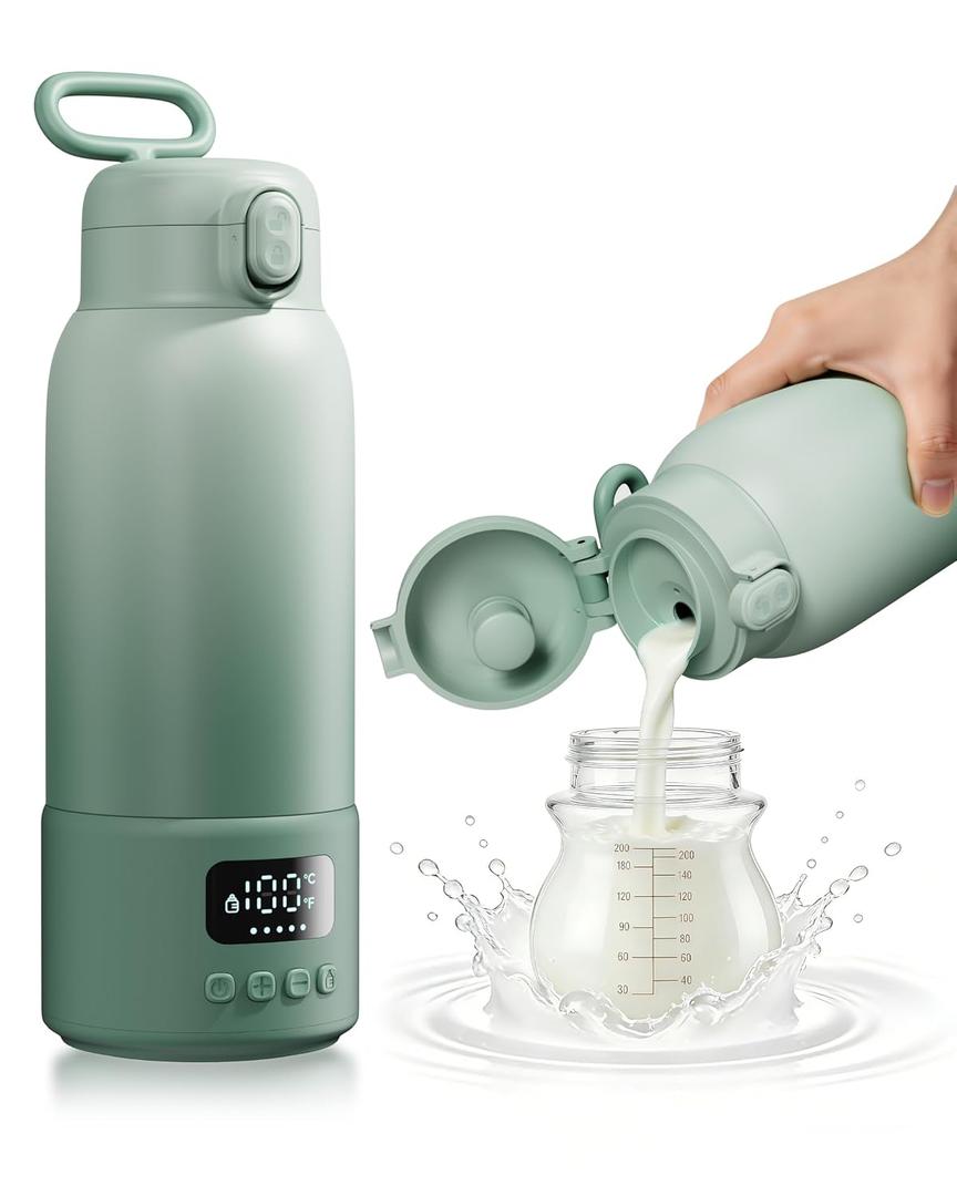 Portable Bottle Warmer for Travel, 17oz Large Capacity, 2-Min Fast Heating, Keep Warm Function, Long Battery Life, Ideal for Heating Breast Milk and Water On-the-Go, Green
