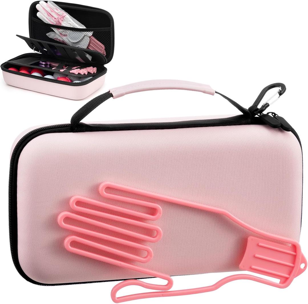 Golf Glove Holder Case with Glove Shaper, Pink Protective Hard Shell Accessory Case, Golf Gift for Woman, for Tees, Ball Markers, Phone, Divot Tool and Accessories
