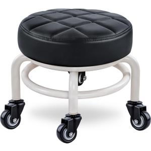 Black Low Rolling Stool with 360Swivel Caster,PU Leather Rolling Stool Heavy-Duty and Sturdy,Modern Rolling Chair for Home Office Garage Shop (Upgrade Edition Black)