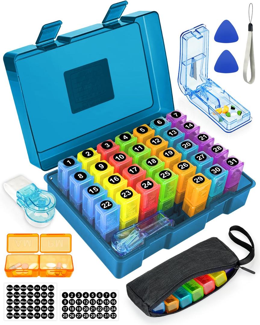 Monthly Pill Organizer 2 Times a Day, FRIWOLE Medicine Box with Portable Weekly Pill Bag, Pill Taker Remover, Pill Cutter and 2 Sticker(Blue, 2 Times a Day)