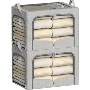 2 Pack Clothes Storage Bins Foldable Storage Box with Metal Frame for Clothes Blanket Sweater Linen Fabric Storage Box with 3 Opening Clear Window (Light Grey, 19.7"L x 15.7"W x 12.6"H(inch))