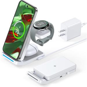 3 in 1 Foldable Wireless Charger for Google Pixel Watch 3/2(Not for Pixel Watch 4/1), Fast Charging Station Stand for Pixel 10 Pro XL/9/8/7 Pro/9a/8a/6 Pro and Buds with QC Adapter for Travel, White