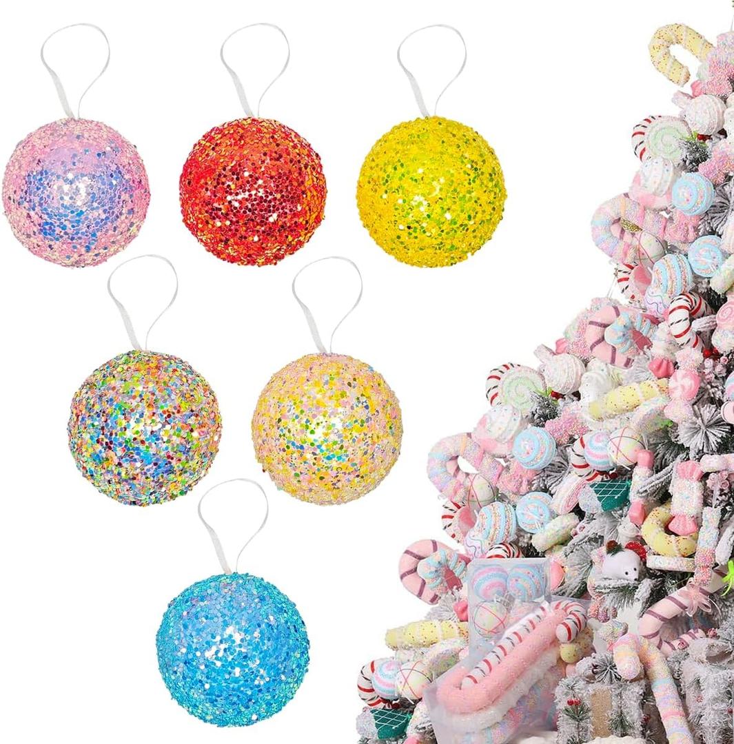 LANGXUN 6pcs Candy Land 2025 Xmas Birthday Party Wedding Suppiles Decoration, Hanging Candy Cane Christmas Tree Dcor, Christmas Decorative Hanging Ornaments Crafts (Rainbow Balls)