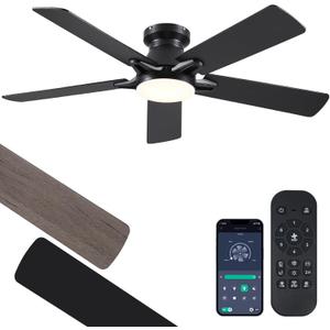 52 Inch Black Flush Mount Ceiling Fan with Dimmable LED Light, Remote/APP Control, Reversible DC Motor, Low Profile for Modern Indoor and Outdoor Patios (52IN)