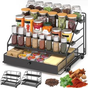 Spice Rack Organizer for Cabinet: 4 Tier Adjustable Spice Rack Organization with Drawer, Depth Metal Shelf for Kitchen Countertop, Cupboard, Pantry, Holds Seasoning and Condiments (Black)