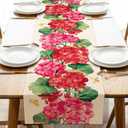 Spring Summer Geranium Flower Table Runner, Red Floral Butterfly Kitchen Dining Table Decoration, Seasonal Burlap Indoor Outdoor Home Decor Party Supply 13 x 90 Inches