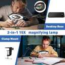 15X Magnifying Glass Lamp with Light and Stand,Real Glass,RTM Safety Protection,5 Color Stepless Dimmable Eye-Caring LED,2-in-1 Hands-Free Desk & Clamp for Reading,Crafts,Painting & Repair