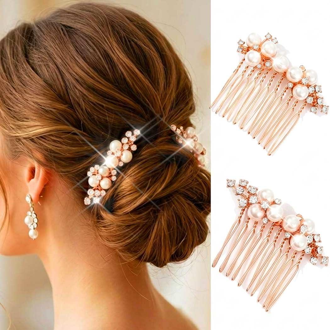 Brishow Rose Gold Hair Combs Bridal Pearl Comb Decorative Small Hair Accessories for Women (2 Pcs)