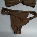 SHENHE Women's 2 Piece Strapless Swimsuit Metal Ring High Cut Thong Ruched Bandeau Bikini Set Coffee Brown Large