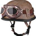 Yesmotor Motorcycle Half Helmet Retro German Handmade Leather Half Face Quick Release Buckle & Goggles - DOT Approved (Light Brown, M)