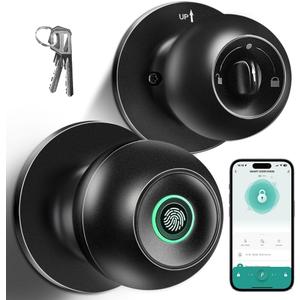 Fingerprint Door Lock, Smart Fingerprint Door Knob with Lock, Biometric Door knob with App Control & Key, Keyless Thumbprint Entry Door Lock for Bedroom, Front Door, Home, Apartment Office and Garages (Black)