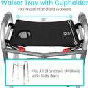 Vive Walker Tray for Folding Walker - (w/Cup Holder) - Adult Mobility Accessories - Fits Standard Walkers - Medical Table for Seniors Non Slip Mat for Food - Removable & Easy Assembly (Black)