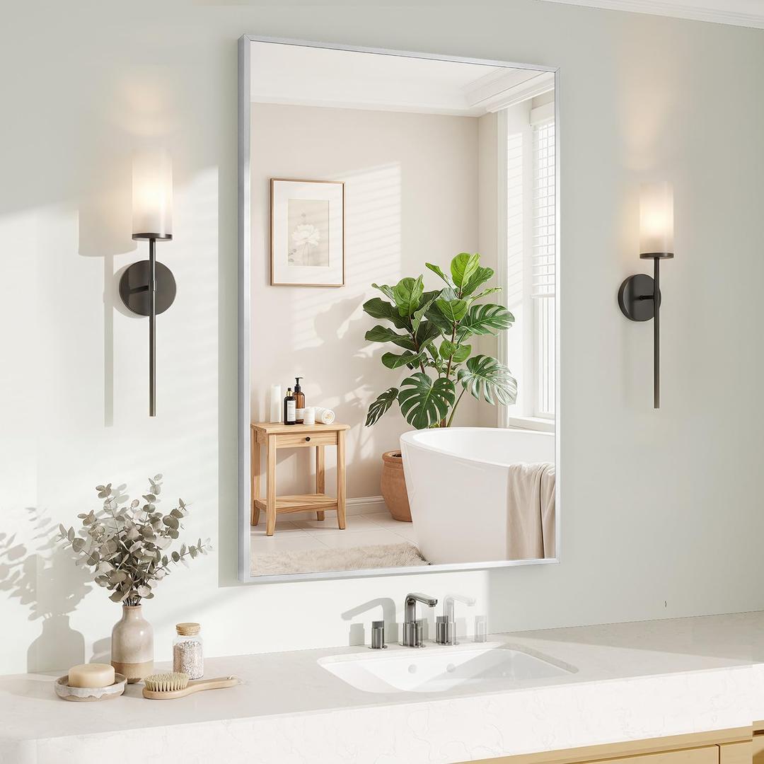 Koonmi Silver Rectangle Wall Mirror, 24x36 Inch Bathroom Mirror, Aluminum Frame Vanity Mirror for Entryway, Living Room, Bedroom Bathroom, Hangs Horizontally or Vertically