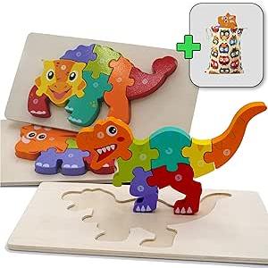 Wooden Dinosaur Puzzles for Toddlers 2-4, 3-Pack Montessori Toys for 3 Year Old, Montessori Toys for 3 Year Old, Toddler Learning Toys for Ages 2-4, Ideal Gifts for Boys and Girls 2 3 4 5