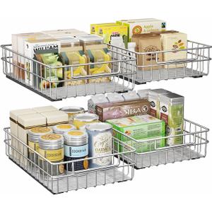 Pull out Cabinet Organizer, Stainless Steel 4-Pack Slide out Drawer with Silent Full-Extension Slides, Adhesive Roll out Can Spice Storage Basket Shelf Rack for Pantry, Kitchen, Bathroom, Home Closet