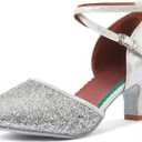 iCKER Womens Latin Dance Shoes Heeled Ballroom Salsa Tango Party Sequin Dance Shoes (8.5, Silver)