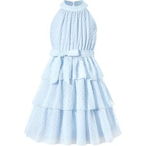 Move Dance Girls Halter Neck Dress Blue Summer Flared Midi A-Line Sundress Swiss Dot Sleeveless Casual Layered Chiffon Dresses with Belt 12-13 Years Old