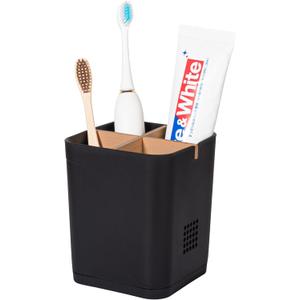 Toothbrush Holders Drainage for Bathrooms, 4 Slots Tooth Brushing Holder with Bamboo Dividers Plastic Electric Toothbrush and Toothpaste Caddy Organizer for Sink, Counter, Shower, Vanity, Black