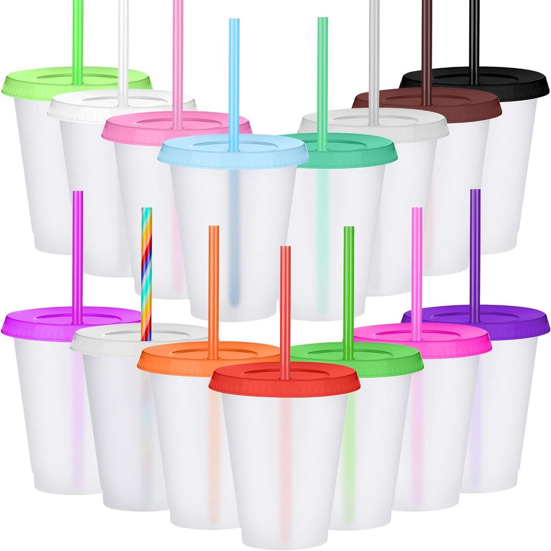 Sieral Cups with Straws and Lids Kids Tumbler with Straw Reusable Water Bottle Iced Coffee Travel Mug Adults Plastic Cups for Parties 16 oz(Lovely Colors,15 Pack)