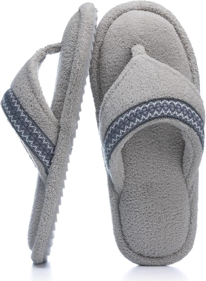 Flip Flops House Slippers for Women Indoor House Shoes with Soft Terry Cloth Ladies Thong Slippers with Non-Slip Sole and Memory Foam Grey (Gray)