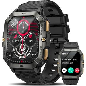 Military Smart Watches for Men (Answer/Make Calls), 2.02'' Fitness Smart Watch for Android and iPhone, Waterproof Fitness Tracker with Blood Pressure/Heart Rate/Sleep/100+ Sport Modes, Watches for Men (Black)