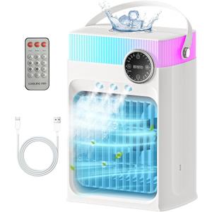 Portable Air Conditioners, Mini Portable AC Unit for Bedroom, 1200ML Small Cooling Fan with Remote, 3 Mist, 3 Speed, 8 Light, 2-8H Timer Personal Cooler Fans for Office Camping Car Desk(White)