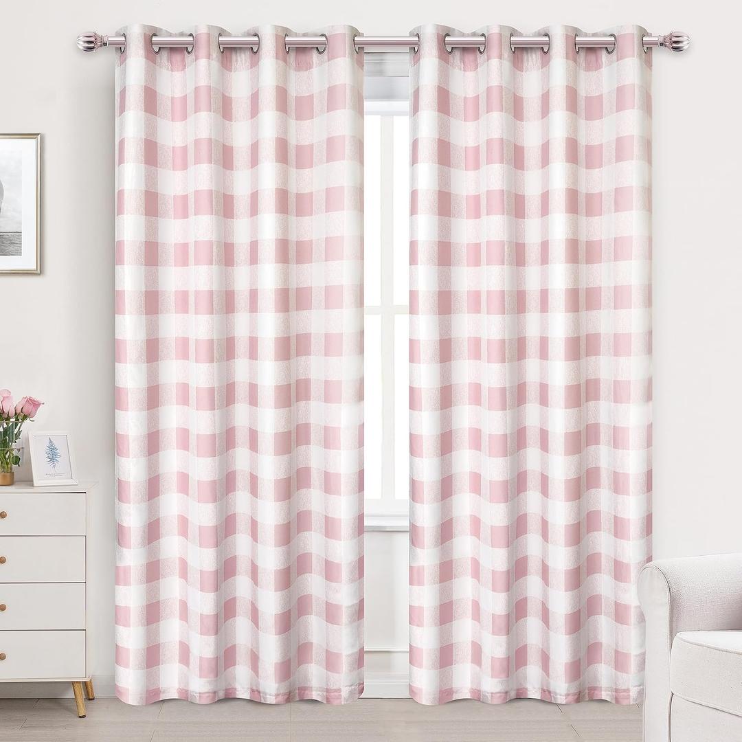 DriftAway Buffalo Plaid Check Curtains Blackout Room Darkening Thermal Insulated Pink and White Buffalo Checkered Window Drapes for Farmhouse Bedroom Living Room Grommet Curtain 2 Panels 84 Inch Long