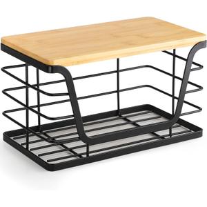 ALOCEO Small Wall Basket, Stainless Steel Adhesive Cabinet Door Organizer with Bamboo Top for Kitchen, Cabinet, Pantry, Black