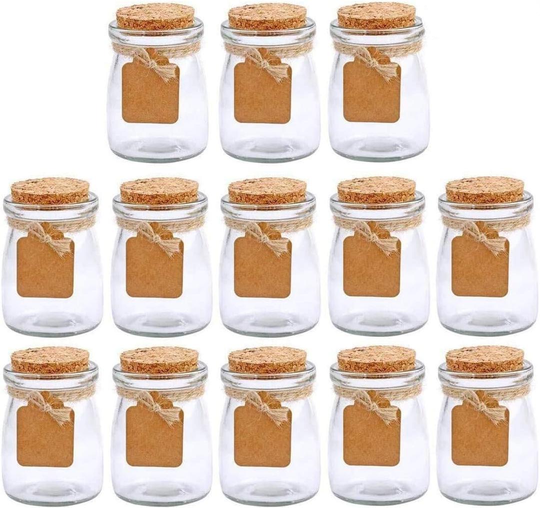 Brajttt 30Pcs Glass Favor Jar With Cork Lids3.4 oz Small Glass Bottles for Wedding Favor, Party Favor, Gift Jars for Candy, Twine and LabelsMultifunctional,Great Decoration 100 ML
