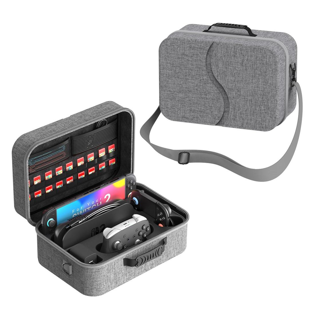 Compact All in One Carrying Case for Nintendo Switch 2 2025, Hard Shell Organizer Box for Switch 2 Accessory Compatible with Pro Controller Dock, with 18 Game Card Slots, Hard Shell Travel Bag, Grey