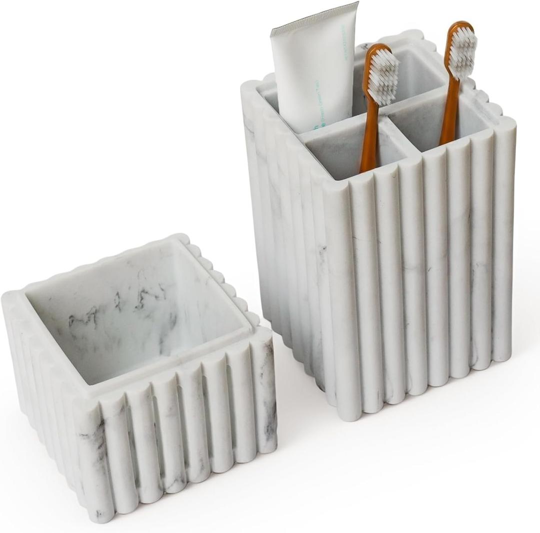 Home Stone Toothbrush Holder with Lid, Elegant White Marble Bathroom Toothbrush & Toothpaste Organizer Modern Hidden Closed Toothbrush Holders for Bathrooms (White)