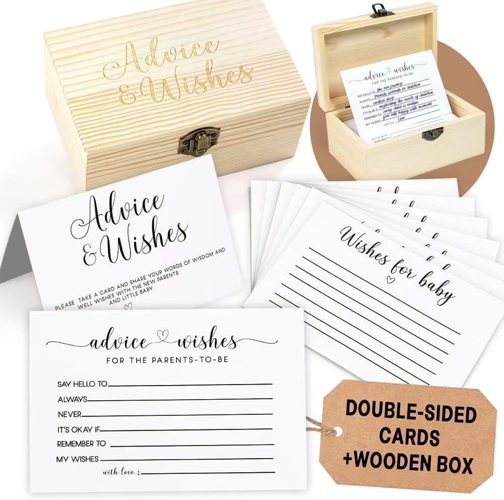 Baby Shower Advice and Wishes Cards for Parents To Be, 50 Pcs Double-Sided Baby Prediction Cards, Gender Reveal Party Keepsake, Baby Shower Decorations and Activities, Includes Wood Keepsake Box