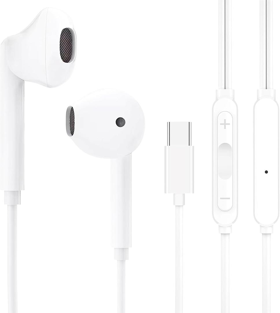 USB C Headphones for iPhone 17 16 15, Wired Headphones USBC for iPad Pro Air Mini, iPad 10th, MacBook, Type C Earbuds for Samsung, Google Pxiel, Earphones for Lenovo, Dell, Microphone, Volume Control (White)