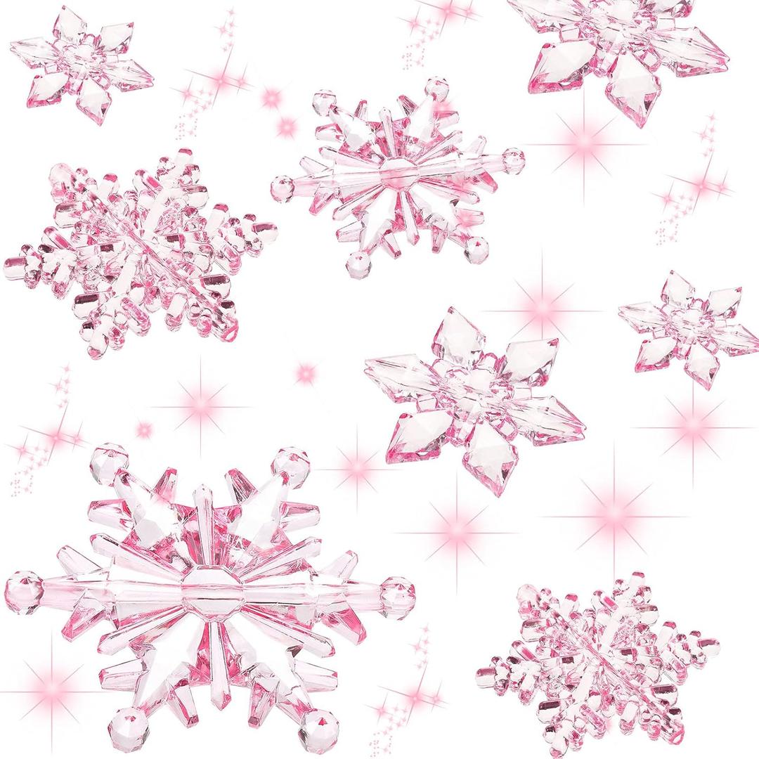 Boao Pink 45 Pcs Acrylic Crystal Snowflakes Ornaments, Clear Hanging Snowflake Decorations for Christmas Xmas Tree Festival Winter Wonderland Party Wedding Decor, 3 Styles