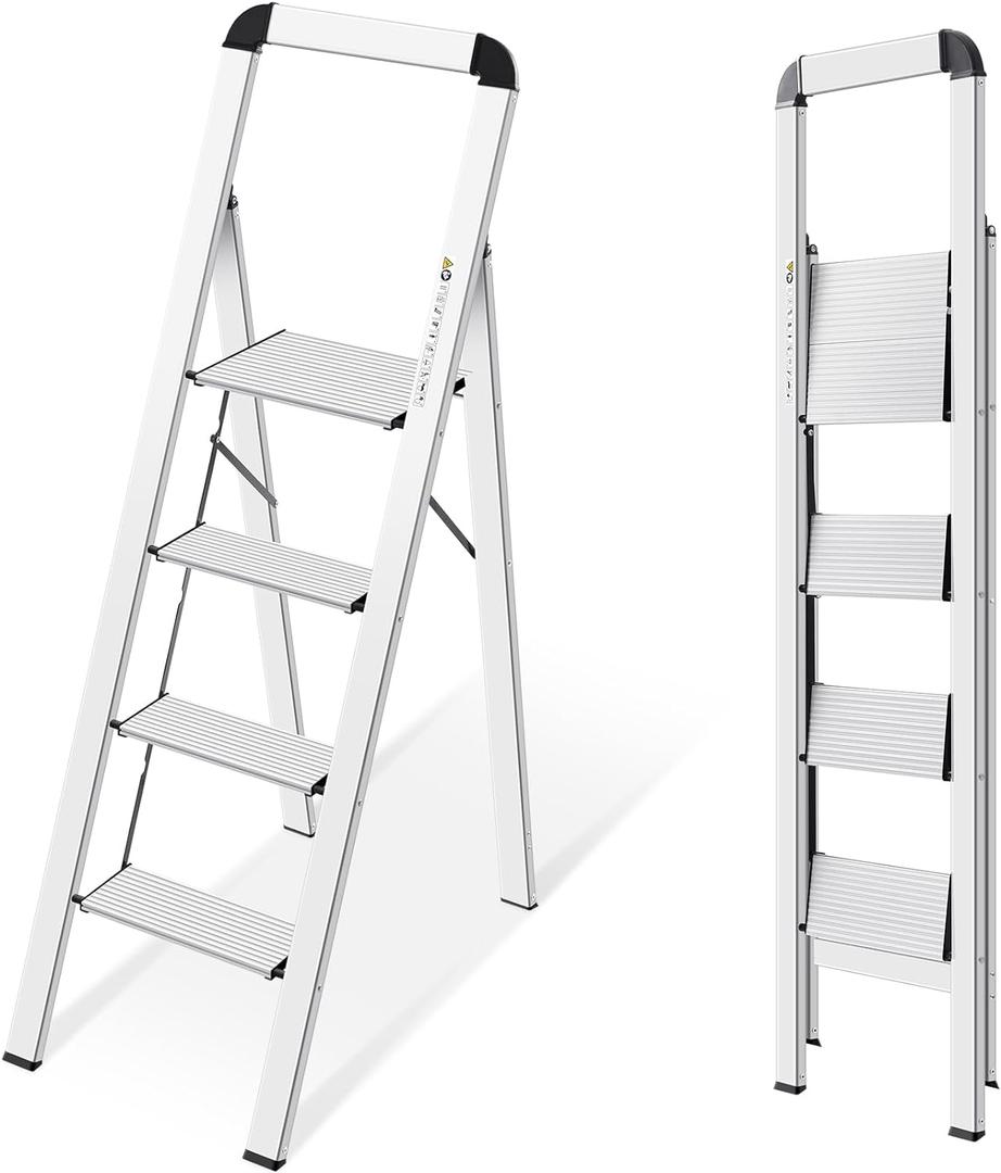 KINGRACK Aluminium 4 Step Ladder, Lightweight Step Stool with Non-Slip Pedals, Handrail, Foldable Step Ladder for Kitchen, Garage, Home, Space Saving, Sturdy and Portable, Silver